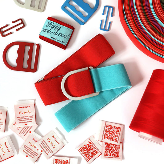 An array of red and aqua (Re)Mix components